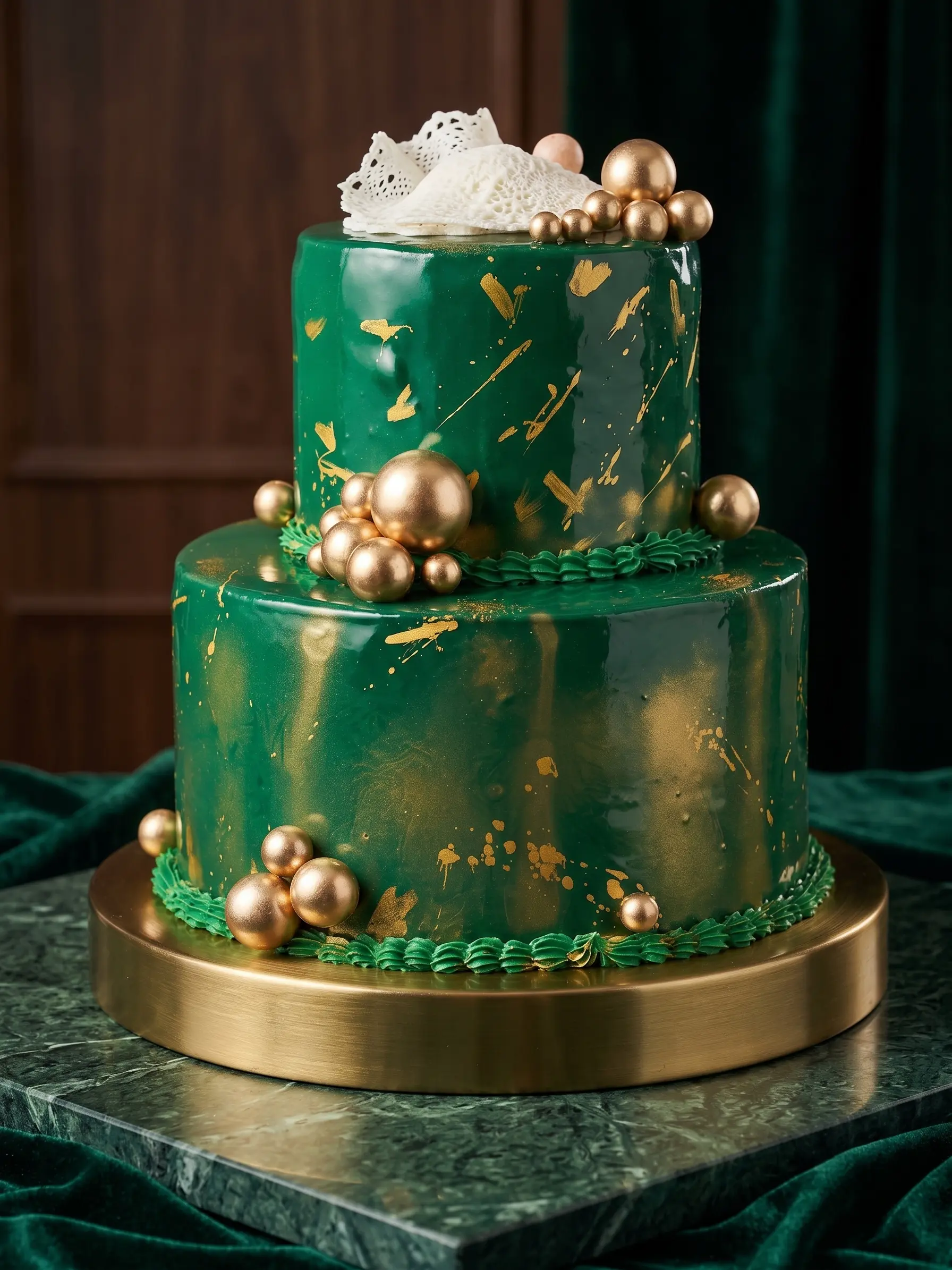 Emerald green two-tier special event cake decorated with gold accents, metallic spheres and lace-style detail